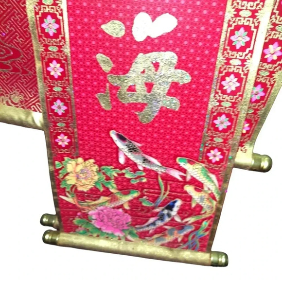 Set of 3 Red Velvet Asian Scroll Wall Hanging - Picture 4 of 5